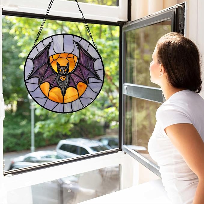 Stained Glass Window Hanging Halloween Black Purple Bat Monster Moon Large 15" - Suncatcher Door Garden Sun Catcher Gothic Decor Birthday Horror Funny Gift for Mom Woman Nana Friend Men