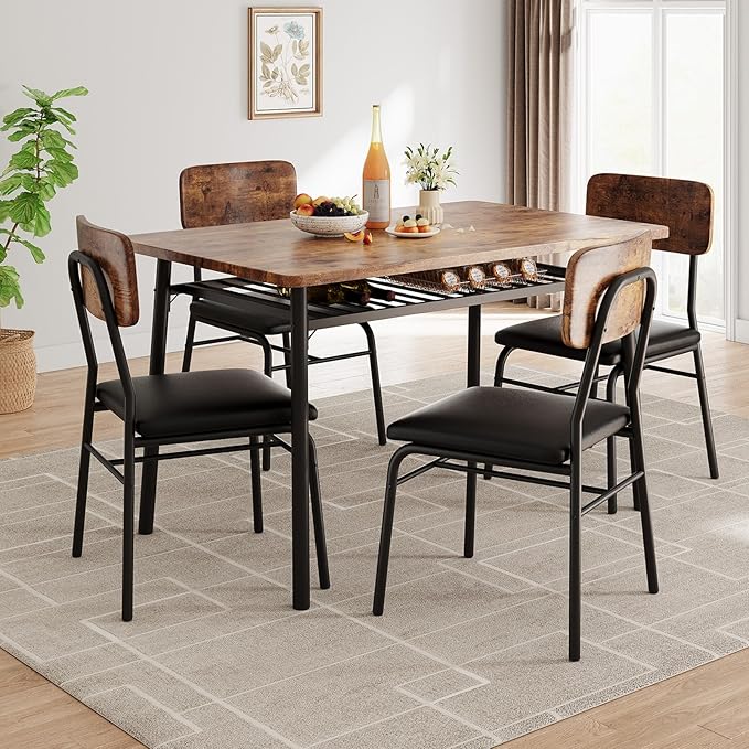 GAOMON 5-Piece Dining Table Set for 4, Wood Kitchen with Built-in Storage Rack,Small Kitchen Table with Upholstered Chairs and Metal Frame for Small Spaces, Retro Color