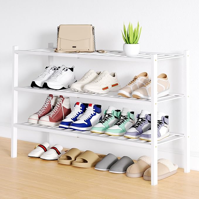 Smiry Shoe Rack, 3 Tier Long Bamboo Shoe Organizer, Stackable Free Standing Wooden Shoe Storage Shelf for Closet, Entryway, Front Door Entrance, White