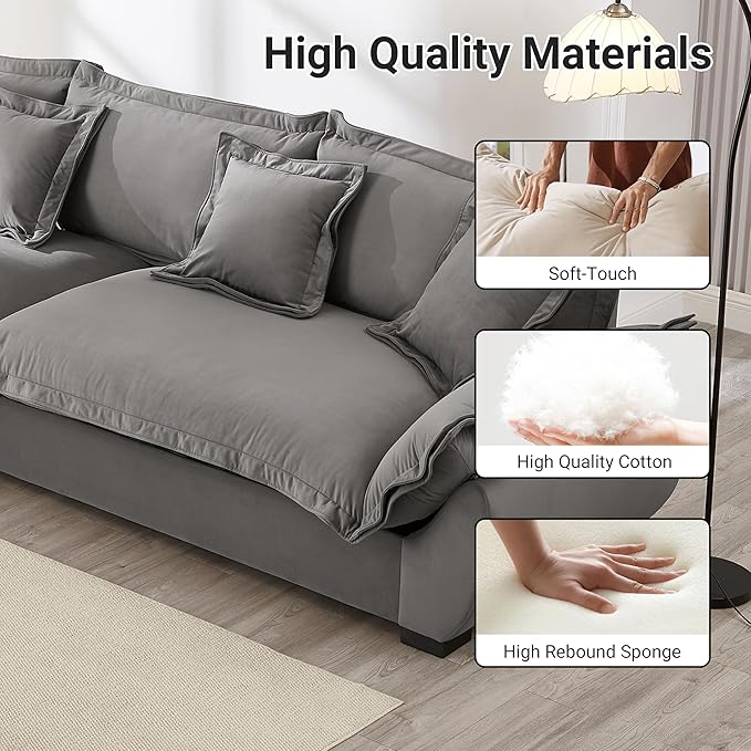 126 Inch Sailing Design Modular Sectional Cloud Sofa with Storage, Modern Deep Seat Couch w/Throw Pillows & Removable Backrest for Living Room Bedroom Apartment,Grey