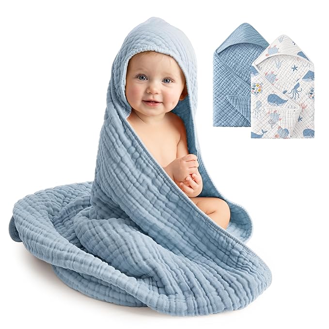 Baby Bath Towels, 100% Muslin Cotton Hooded Baby Towels for Newborn, 2 Pack Baby Towels with Hood for Infant Toddler and Kids, Large 32x32Inch Unisex Bath Essentials, Soft and Absorbent