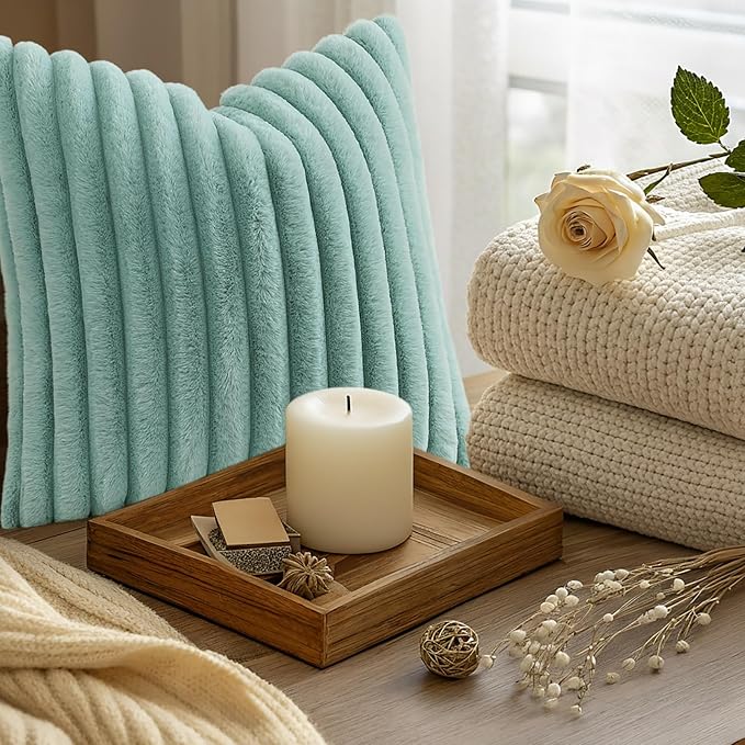 decorUhome Summer Cozy Faux Fur Throw Pillow Covers 24x24 Set of 2 Decorative Soft Plush Striped Modern Farmhouse Boho Couch Euro Sham Pillow Cases with Velvet Back for Sofa Bed Living Room, Aqua