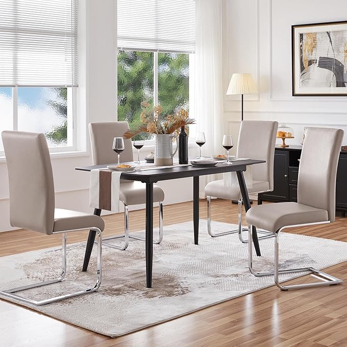 Yaheetech Dining Chairs Set of 4 Modern Faux Leather Upholstered Dining Room Chairs with High Back and Metal Chrome Legs for Kitchen/Living Room/Restaurant, Light Brown