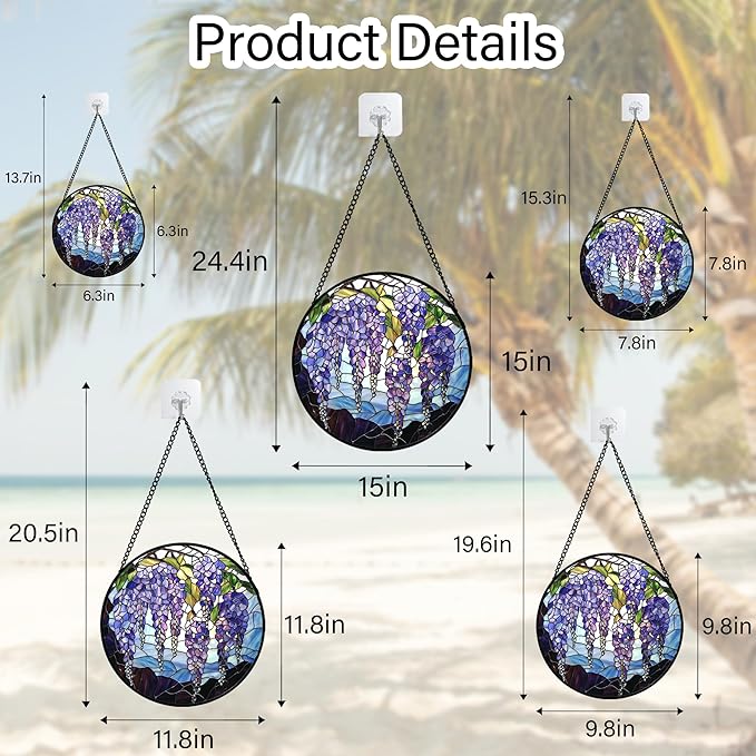 Stained Glass Window Hanging, Wisteria Flower Sun Catcher for Door Home Decor Purple and Blue Suncatcher Christmas Mother's Day Birthday Gifts for Women Men Mom and Nana 11.8 in