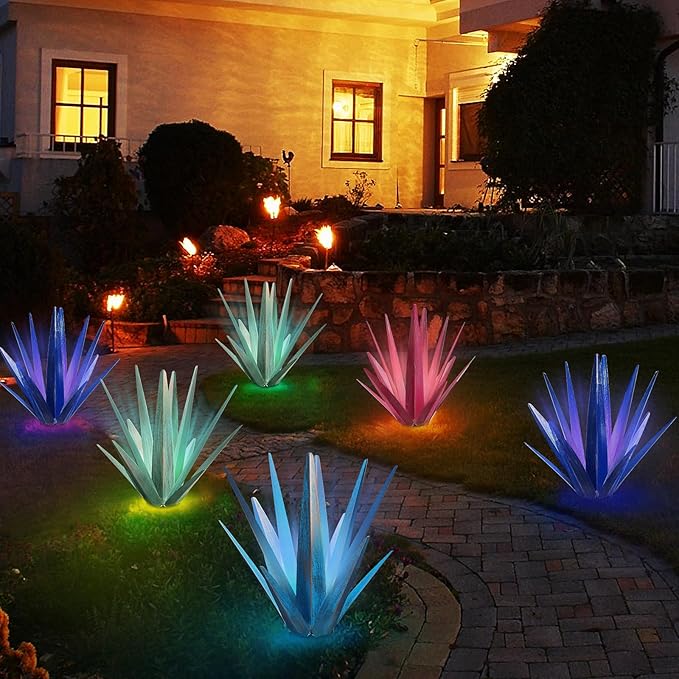 Large Tequila Rustic Sculpture, Rustic Metal Agave Plants for Outdoor Patio Yard, Home Decor Hand Painted Metal Agave Garden Yard Statue, Outdoor Lawn Ornaments (Dark Blue - L (W/Solar Light))