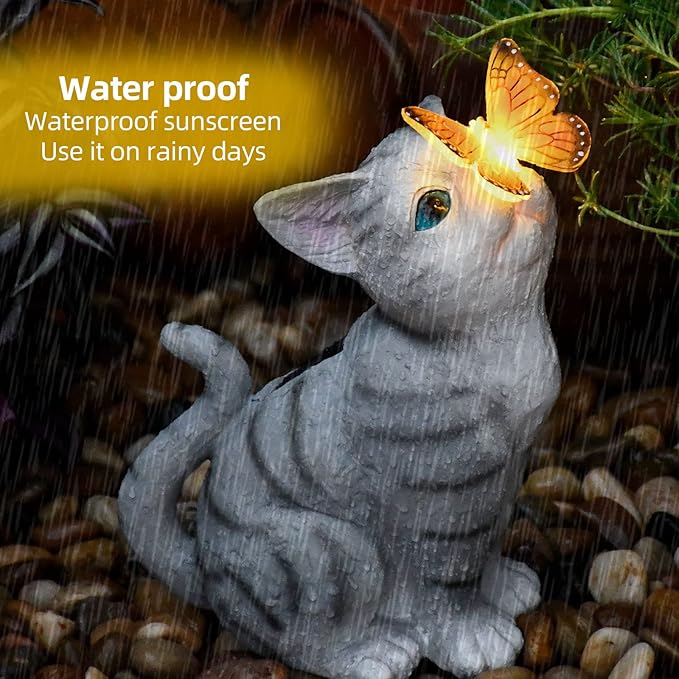 Cat Garden Figurines Outdoor Decor Solar Statue with LED Lights for Patio Lawn Yard Art Decoration Housewarming Garden Gift