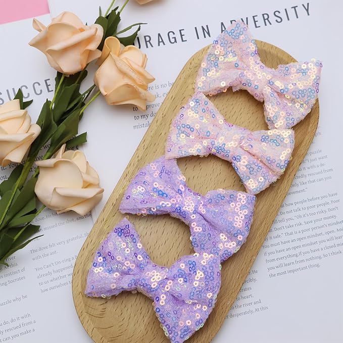 Purple Sequins Bows for Girls, Handmade Hair Clip Glitter Hair Bows Alligator Clips Hair Accessories for Little Teen Toddler Girls Kids