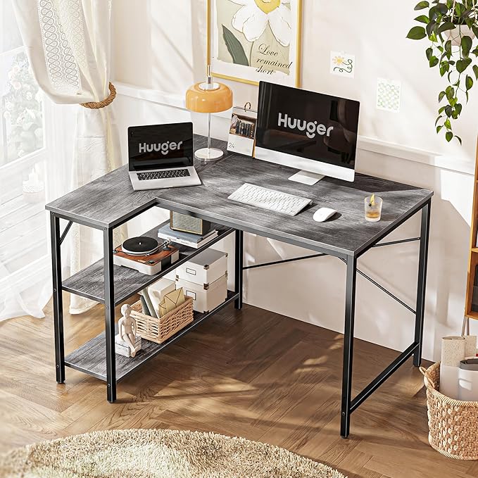 Huuger L Shaped Desk, 39 Inches Computer Desk with Reversible Storage Shelves, for Gaming Corner Home Office Writing Study, Metal Frame, Gray