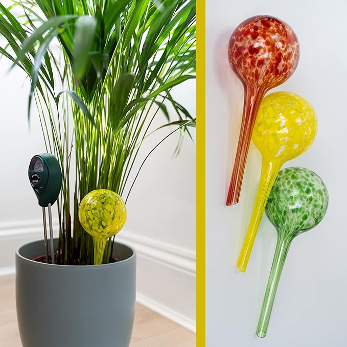 6 Small Plant Watering Globes - Plant Watering Devices - Plant Watering Bulbs - Self Watering Spikes - Hand Blown Glass - Self Watering Planter Insert - Free Moisture Meter - by Cotswold Homeware