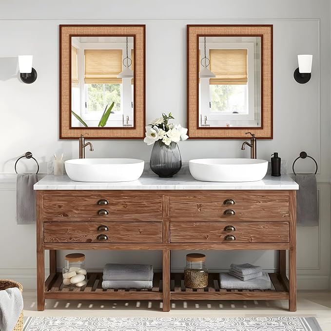 Rattan Wall Mirror with Wooden Framed 24 X 32 inch Farmhouse Rectangle Wood Mirror for Modern Decorative Bathroom, Living Room, Entryway, Bedroom (Walnut)