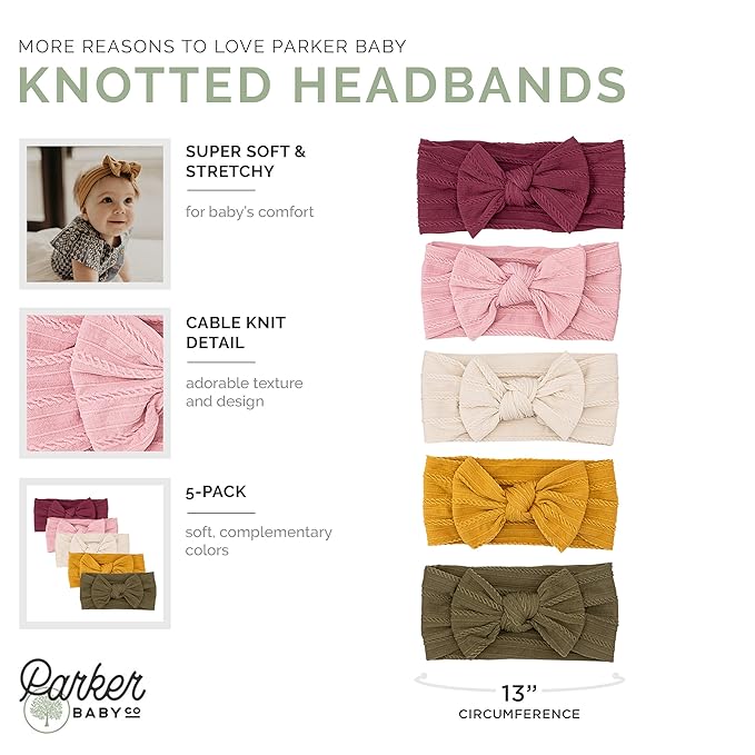 Parker Baby Cable Knit Nylon Headbands 5 Pack | Soft, Stretchy & Comfortable Bows for Girls | Adjustable, Soft to Touch & Knotted Headbands for Baby Girls | Baby Headwraps for Girls | Multiple Colors
