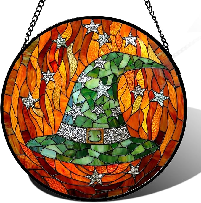Stained Glass Window Hanging - Halloween Decorations Witch Hat Suncatcher for Doors Garden Indoor Spooky Funny Green Sun Catchers Gothic Decor Horror Gifts for Women Men Friend 7.8 in