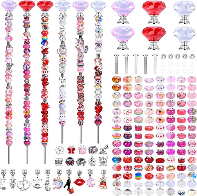 DIY Fairy Wand Garden Beads Stakes Wands Kit,Multiple Color Scheme European Beads Crystal Diamond Tops and 12 or 10 Inch Threaded Rods,Stainless Steel Stakes with Diamond Toppe(Pink+Rose+Red+White)