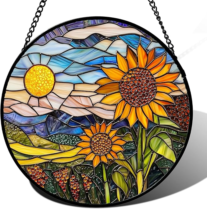 Stained Glass Suncatcher, Sunflower Flowers Landscape Sun Catcher Plant Mountains Stain Glass Window Hanging Decoration Mother's Day Birthday Gifts for Women Men Mom Nana 15 in