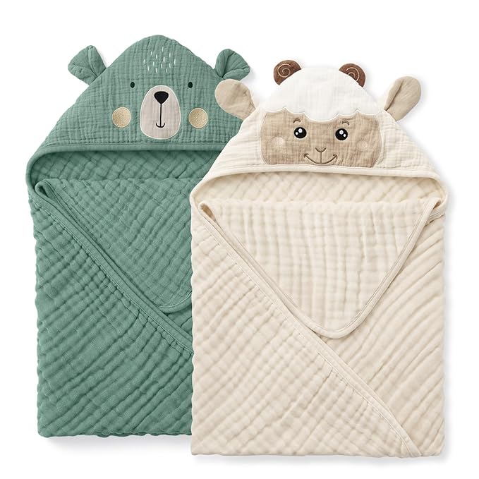 Blissful Diary Muslin Baby Hooded Towel 2 Pack, Soft & Absorbent Bath Towel for Infant, Toddler, Unisex, Baby Gift, Newborn Essentials, Bear & Lamb