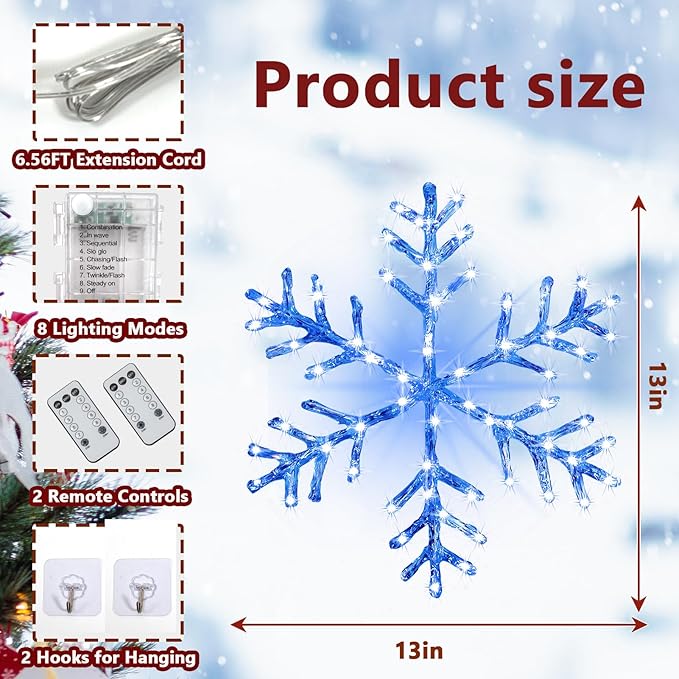 Christmas Window Snowflake Lights Decorations, Battery Operated Led Hanging Iron Lights, 8 Lighting Modes for Home Bedroom Indoor Outdoor Wall Holiday Decor (Blue, 2 Pack)