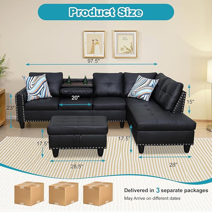 Couches for Living Room Faux Leather L Shaped Couch Comfy 3 Pieces Sectional Sofa with Chaise, Ottoman with Storage for Office and Small Apartment, Graceful Black