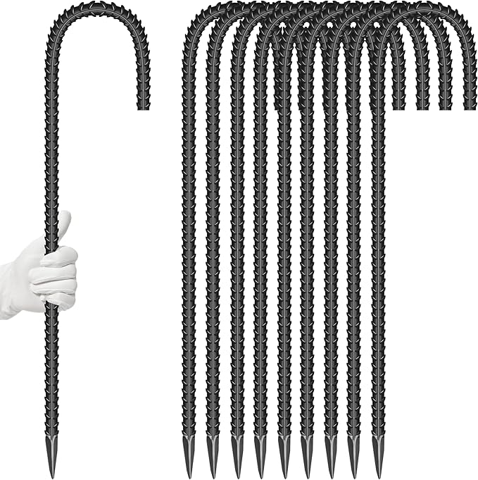 10 Pieces 16-Inch Garden Ground Stakes Galvanized Steel J Shape Hook Rebar Stake - Heavy DutyAnchors for Tents, Position Kits,Fences, and Trampolines