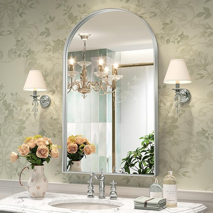 Brightify Arched Mirror, Arched Wall Mirror, 24 x 40 Inch Silver Arch Mirror, Metal Frame Black Bathroom Mirror, Arched Top Bathroom Vanity Mirror for Living Room Bedroom Mantel Entryway Hallways