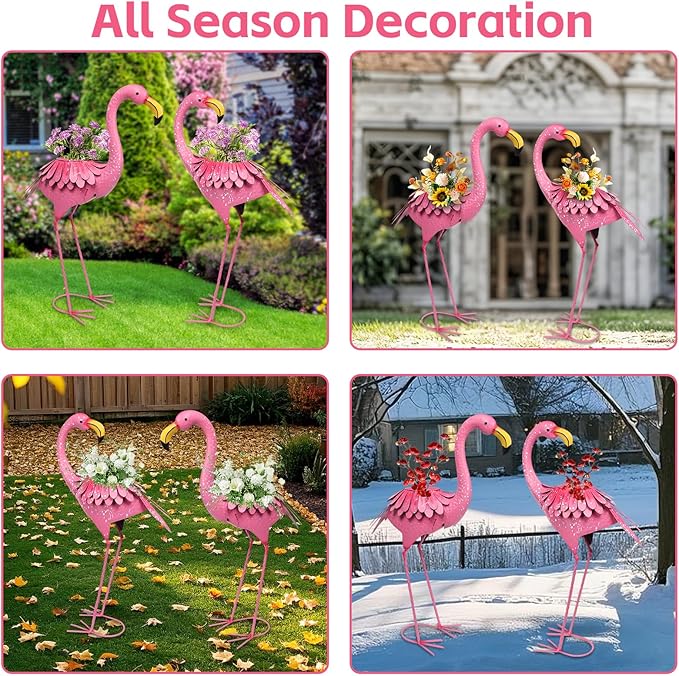 WONDER GARDEN Pink Flamingo Statue-Flamingo Planter Flower Pots - 2 Pack Flamingos Garden Statues Sculptures, Metal Birds Yard Art for Pond, Patio, Outdoor, Porch Decor