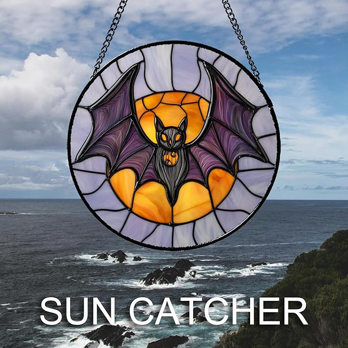 Stained Glass Window Hanging Halloween Black Purple Bat Monster Moon Large 15" - Suncatcher Door Garden Sun Catcher Gothic Decor Birthday Horror Funny Gift for Mom Woman Nana Friend Men