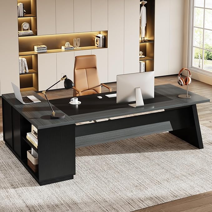 Tribesigns 78" L-Shaped Executive Desk, Large Modern Office Desk with Drawers and Lateral File Cabinet, Business Furniture with Storage Shelves, Big Computer Desk for Home Office (Grey + Blcak)