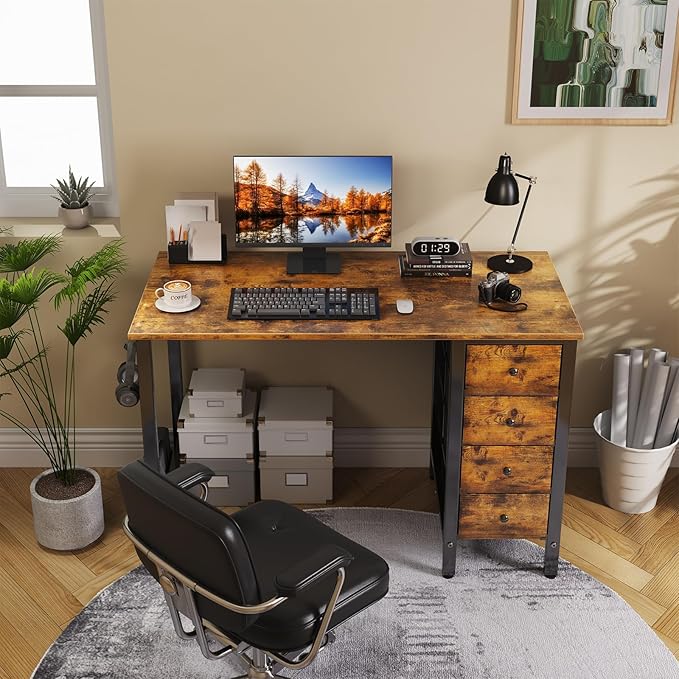 Lufeiya 40 inch Computer Desk with 4 Fabric Drawers, Kids Student Reversible Small Desks for Home Office Small Space, Work PC Desk Table for Bedroom, Rustic Brown