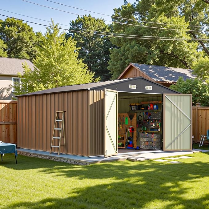 Patiowell 10 x 12 FT Metal Storage Shed for Outdoor, Steel Yard Shed with Design of Lockable Doors, Utility and Tool Storage for Garden, Backyard, Patio, Outside use,Brown