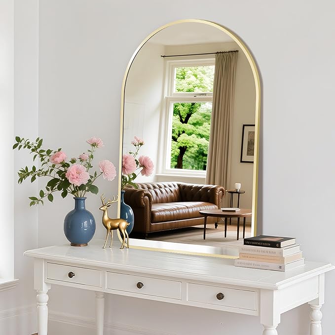 Arched Wall Mirror 24"X36", Gold Bathroom Vanity Mirrors for Over Sink, Modern Farmhouse Mirror Wall Mounted, Curved Arch Design for Bedroom, Living Room & Home Decor
