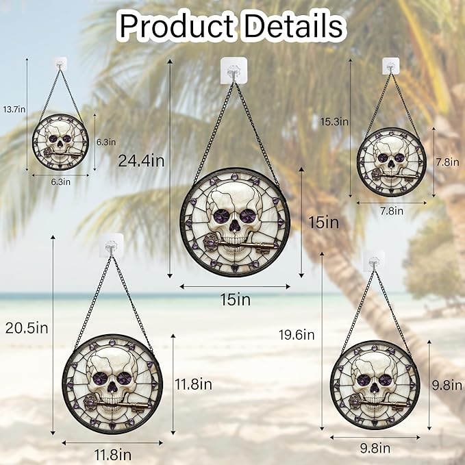 Stained Glass Window Hanging - Halloween Scary Skull Suncatcher for Doors Garden Home Spooky Purple Skeleton Key Sun Catchers Gothic Decor Horror Gifts for Women Men Friend Boy Girl 6.3 in