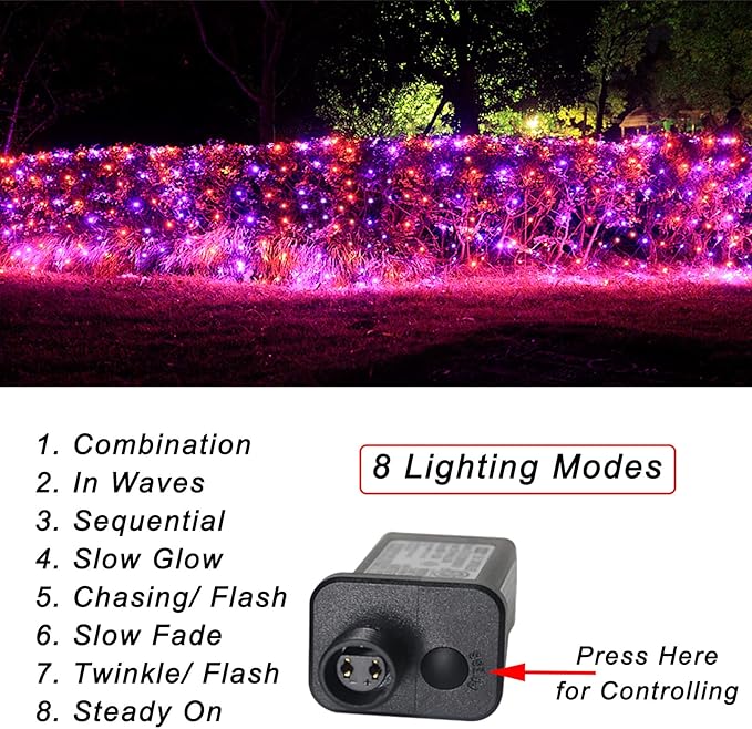 Pooqla 360 LED Halloween Net Lights Outdoor, 21 ft x 5 ft Connectable Mesh String Lights 8 Modes Waterproof Plug in for Halloween Decoration Bushes Yard Garden Party, Orange and Purple