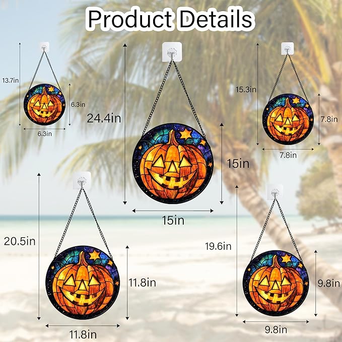Stained Glass Window Hanging Halloween Horror Golden Pumpkin 15" - Suncatcher Door Garden Sunroom Gothic Style Sun Catcher Birthday for Friend Mom Men Woman Nana