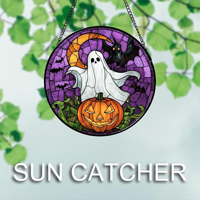 Stained Glass Window Hanging Halloween Scary Purple Night Sky Bat Ghost 9.8" - Suncatcher Door Garden Sun Catcher Gothic Home Decor Birthday Horror Gifts for Mom Men Woman Friend