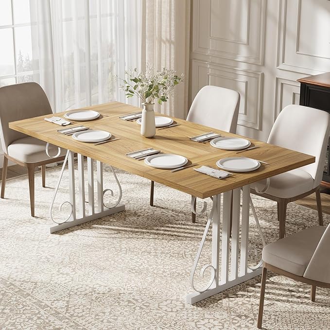 Dining Table for 4-6 People, 70.87'' Rectangular Dinner Table Modern Artistic Openwork Metal Legs for Dining Room, Kitchen, Living Room