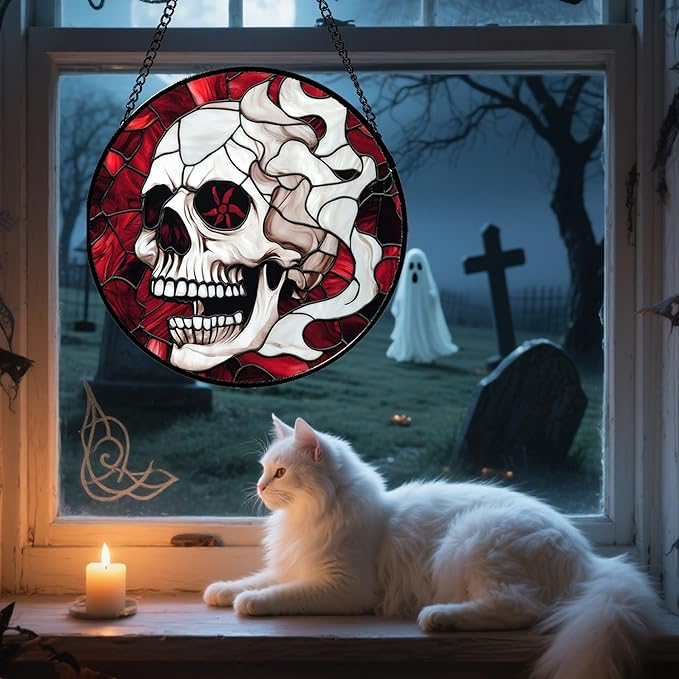 Stained Glass Window Hanging - Halloween Decorations Vampire Skeleton Suncatcher for Doors Garden Indoor Funny Spooky Sun Catchers Gothic Decor Horror Gifts for Women Men Friend 11.8 in