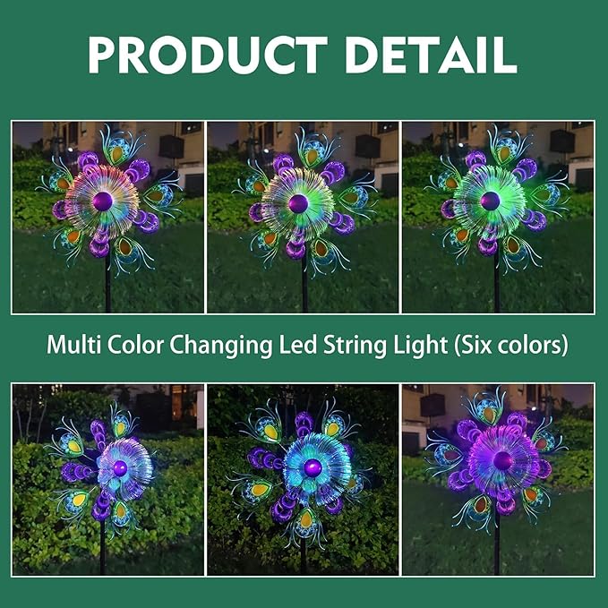 Solar Peacock Wind Spinners for Yard and Garden, 40 Inch Solar Windmill Garden Whirligig Kinetic Spinners Decor for Lawn,Patio&Yard, Metal Whirligigs Green Wind Spinners Outdoor