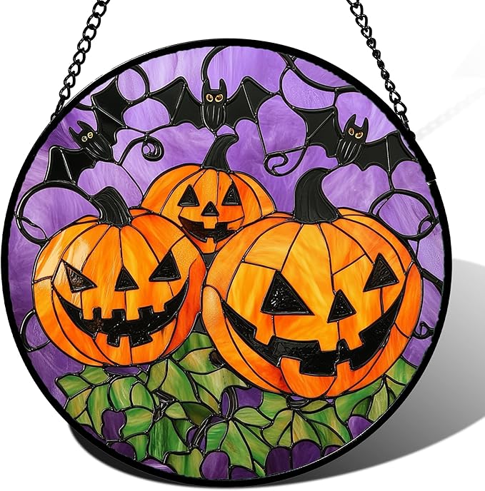 Stained Glass Window Hanging Halloween Scary 3 Bat and Pumpkin Monsters 7.8" - Suncatcher Door Garden Sun Catcher Gothic Home Decor Birthday Horror Gifts for Mom Men Woman Friend