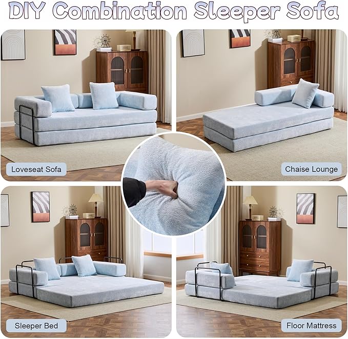 Convertible Sofa Bed, Compression Futon Sofa with Pillows & Armrest, Foldable Mattress Couch with Fixed-Shape Frame, Comfy Couch Lounge Sleeper Bed for Living Room Bedroom, Light Blue