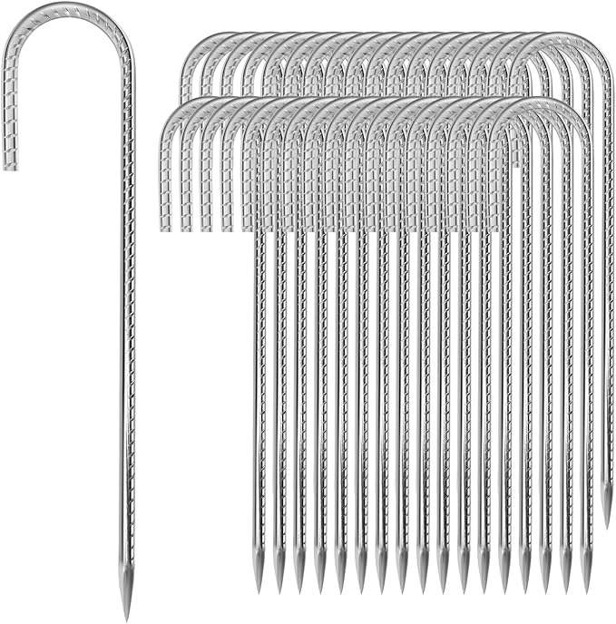 12 inches Tent Stakes Heavy Duty 34-Pack, 5/16" Diameter J Hook Fence Stakes Rebar Ground Stake for Inflatables, Tarp, Yard Lawn Outdoor Decoration