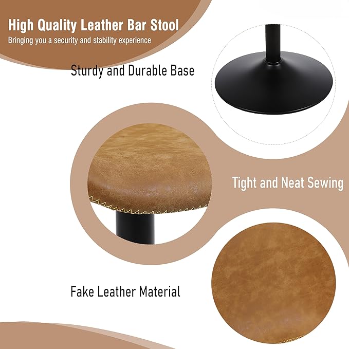 Bar Stools, Swivel Counter Height Barstools with Back, Adjustable Modern Bar Chairs, Tall Armless PU Leather Kitchen Island Stool (Yellow, Set of 4)