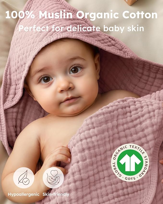 Yoofoss Hooded Baby Towels for Newborn 2 Pack 100% Muslin Organic Cotton Baby Bath Towel with Hood for Babies, Infant, Toddler and Kids,37.5"x37.5", Soft and Absorbent Newborn Essential,Pink&WhiteLeaf