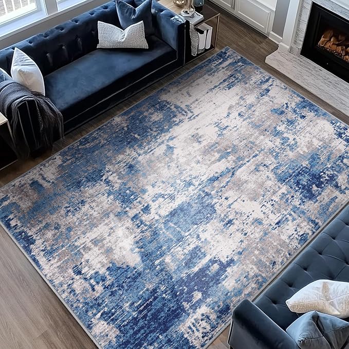 Washable Area Rugs 9'x12' Non-Slip Modern Abstract Soft for Living Room Entryway Bedroom, Print Pattern, Blue Grey Navy Gray