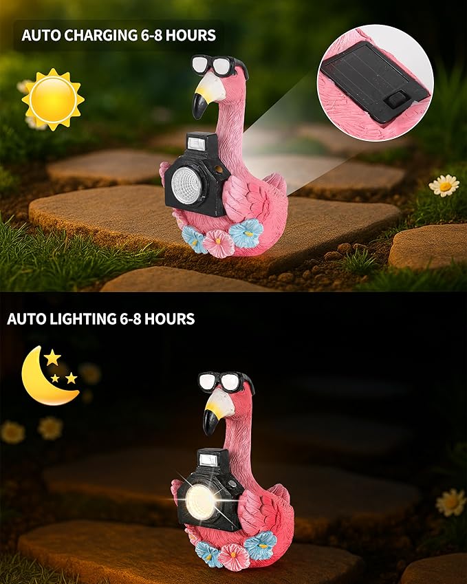 Solar Flamingo Garden Statue with Camera Light – 5.5in Tall Solar Powered Outdoor Figurine for Yard, Patio, Balcony – Funny Garden Decor, Gift for Women (Flamingo)
