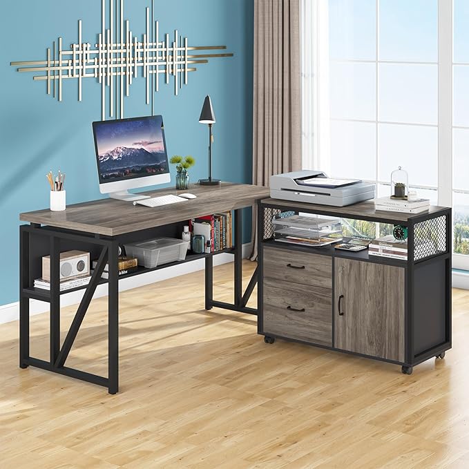Tribesigns Office Desk with Drawers Sets, 55 inches L Shaped Computer Desk with Mobile File Cabinet,Big Executive Desk for Home Office Furniture Sets (Dark Oak, 55-inch)