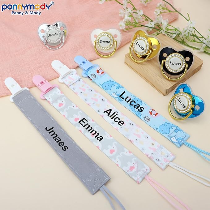 4Pcs, Personalized Pacifier with Name, Custom Pacifier Clip, Baby Gift for Newborn Boys and Girls, Baby Accessory Baby Stuff with Name (0-6 Months) (Blue)