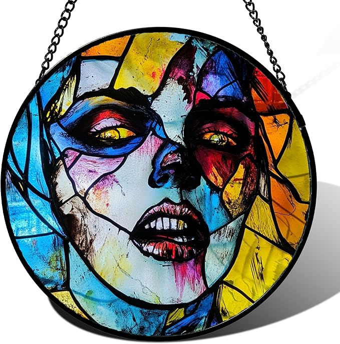 Stained Glass Window Hanging Halloween Horror Night Bloodstained Face Large 11.8" - Suncatcher Door Garden Sun Catcher Gothic Decor Birthday Evil Funny Gift for Mom Woman Nana Friend Men