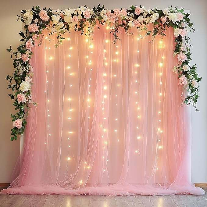 Fomcet Peach Tulle Backdrop Curtains with Lights String 10FT X 8FT Sheer Curtain with Lights Tulle Curtains Backdrop for Wedding Birthday Party Baby Shower Photo Shoot (2 Panels 5x8FT)