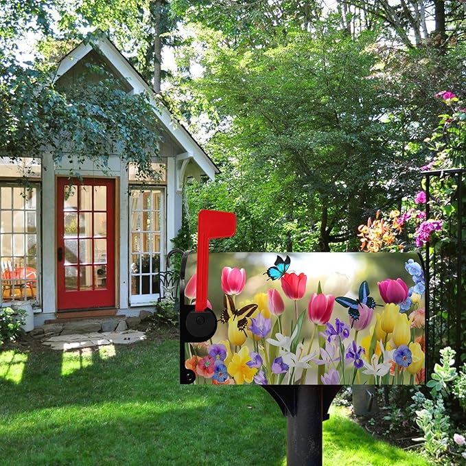 Spring Tulip Mailbox Covers Magnetic Oversized Spring Flowers Mailbox Wraps Large Size 25.5" X 21" Summer Butterfly Floral Resistant Post Letter Box Cover for Garden Yard Home Outdoor Decor