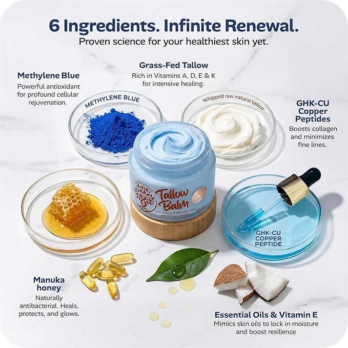 Copper Peptide GHk-Cu & Methylene Blue Infused Whipped Grass Fed Tallow Balm, Fine lines, Wrinkles, Eczema, Acne, Full body Moisturizer, For All Skin (3.4 oz)