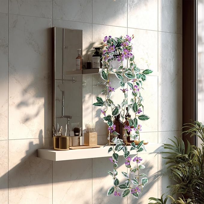 2PCS Artificial Hanging Plant with Pot Faux Hanging Plants Small Hanging Plants Pot with Artificial Vines and Flower Greenery Decoration for Living Room Wall Home Wall Shelf